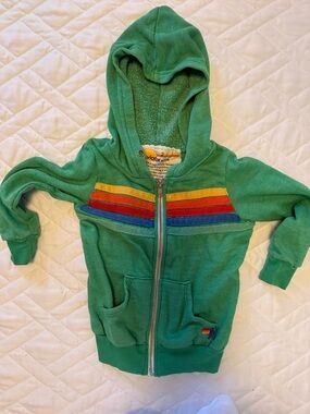 Aviator Nation Kids Green Zip Hoodie with Rainbow Chest Stripes